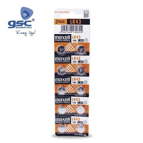 PILA ALKALINA MAXELL LR-43, BLISTER 10 UNIDADES - GSC